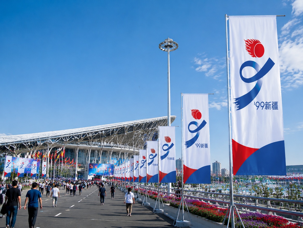 运动会道旗样机效果图，道旗上印有参考图中的运动会LOGO（红色… - 图片创意预览