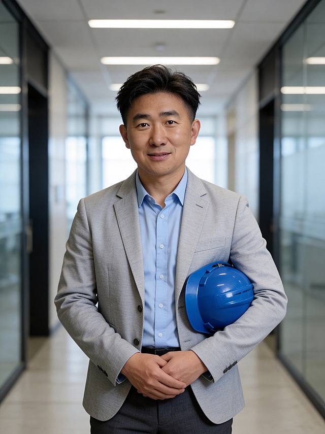 参考图中保留人物脸型、发型、年龄等特征生成防水维修技术负责人形象，公司走廊商务风格，标准焦段50mm,f/4光圈(f/2.8-f/4区间),平视视角(镜头与人物视线齐平);人物占画面70%,人物居中(居中构图),位于画面中心,为视觉聚焦点,入境范围头部及以下至臀部下方10cm(半身像);左右留少量背景空间;头部与画面顶部保留5%空间;头部发型完整,头肩比例协调,人物结构准确;发质微微柔顺，微微蓬松。身穿浅灰色休闲西装，蓝色安全帽放在身侧，内搭浅蓝色衬衫;下装深灰色西裤;着装商务休闲，专业干练，沉稳可靠，身形匀称，姿态端正，身体挺拔。呈双手交叠自然放在身前，肢体放松且自信。现代公司走廊背景，背景虚化，景深效果，专业公司氛围。32k画质超高分辨率、细节清晰，现代商务风格；肤质精细化处理；眼神直视镜头，目光专业沉稳，表情自然微笑。健康清透哑光肌,肤色均匀白皙,细腻平滑无瑕,保留真实毛孔纹理,自然提亮｡正面柔光补光,4800K中性光,面部光比1:1.5。中近景写实摄影,对焦清晰,面部雾面柔光,轻透裸肌感,高清保留皮肤细节｡分辨率4K。严格按照图片内容生成。画面比例3:4