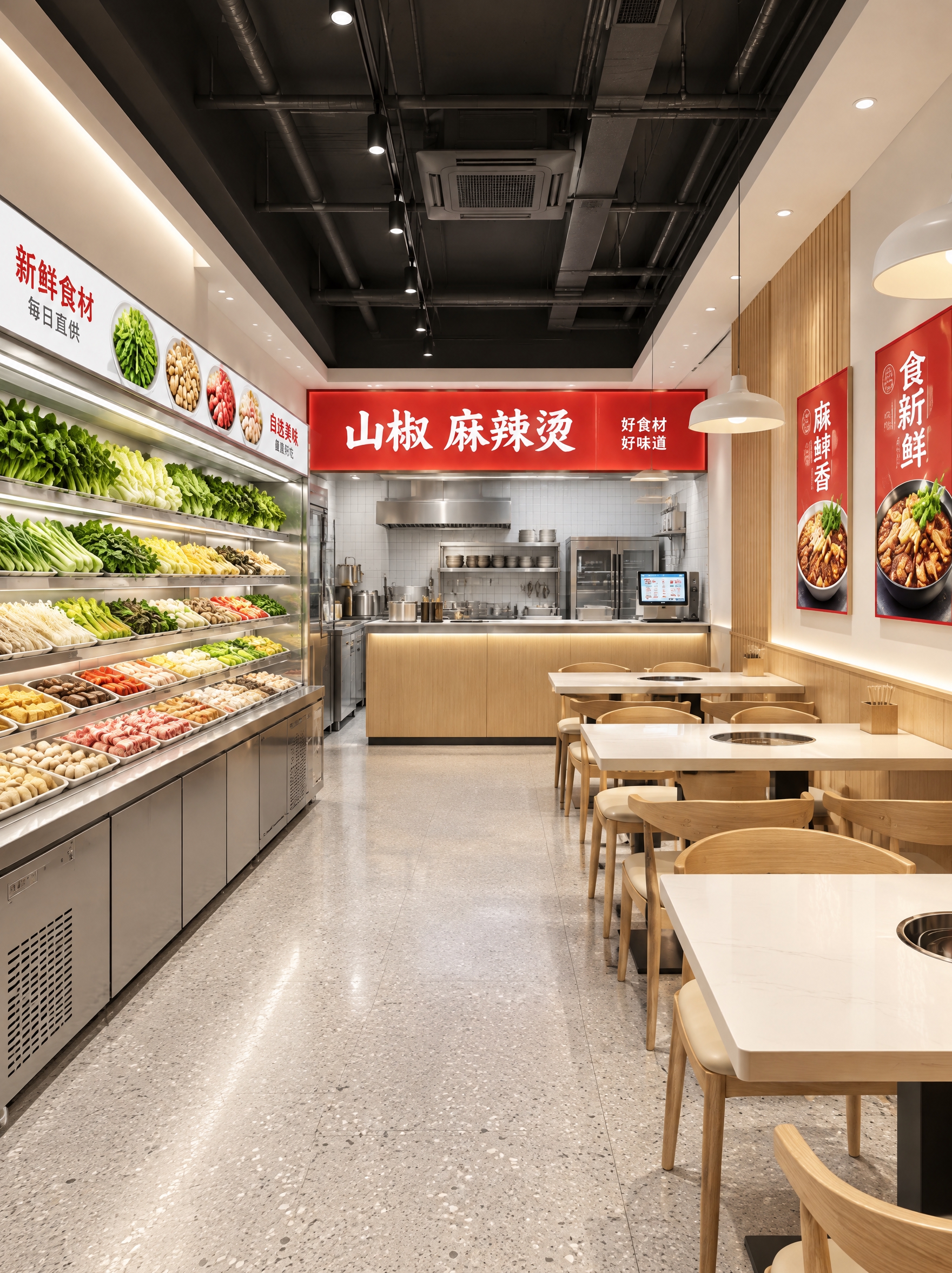 图生图模式：参考4张麻辣烫门店照片的整体风格（现代简约、原木+… - 图片创意预览