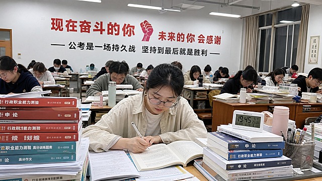 一位25-30岁的女性学生，在大学自习室里学习考公书籍，周围坐满了备考的学生，桌上堆满了行测、申论教材和模拟试卷，墙上贴着励志标语，氛围紧张充实，写实风格，明亮的室内灯光
