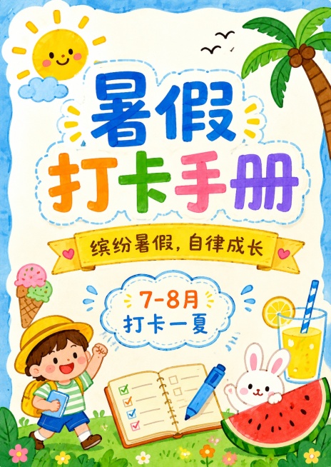 简笔画马克笔风格，主标题为暑假打卡手册，副标题为缤纷暑假，自律成长，装饰短句为7-8月 打卡一夏，尺寸比例适配210*297(A4)，配色清新手绘风，使用马克笔笔触，线条简洁可爱，文字清晰可读预览效果