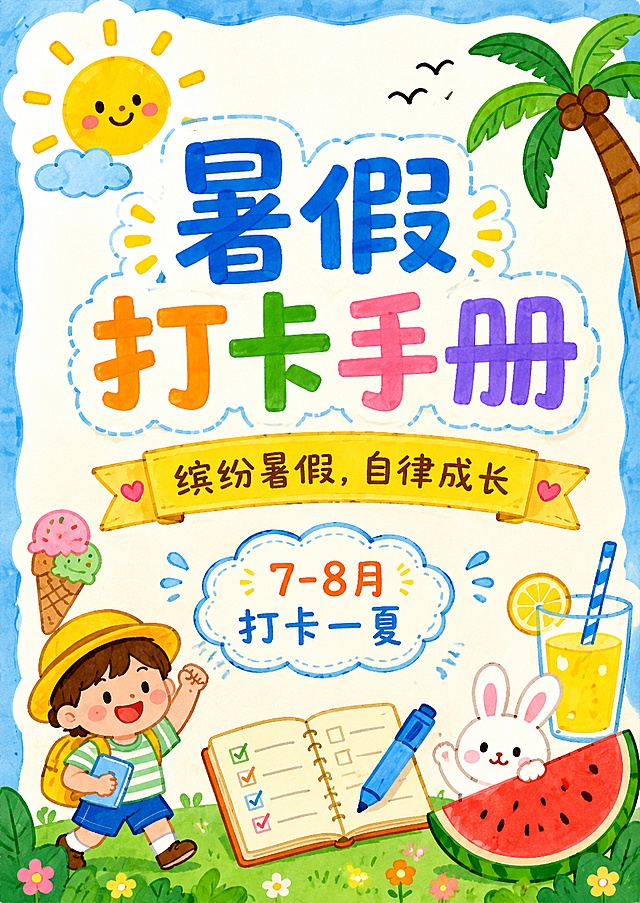 简笔画马克笔风格，主标题为暑假打卡手册，副标题为缤纷暑假，自律成长，装饰短句为7-8月 打卡一夏，尺寸比例适配210*297(A4)，配色清新手绘风，使用马克笔笔触，线条简洁可爱，文字清晰可读