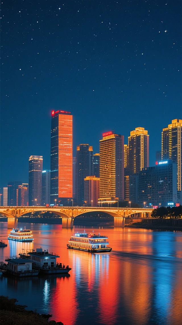 夜空繁星点点，深蓝色的夜幕下，一座繁华城市的滨水天际线，高楼大厦灯火璀璨，橙色与黄色的暖光勾勒出建筑轮廓，部分建筑顶部有红色灯光点缀，一座横跨江面的桥梁被灯光照亮，江面上停泊着几艘亮着灯的游船，水面倒映着城市的霓虹灯光，呈现出橙红色与蓝色的光影交错，整体画面宁静而绚丽，具有写实的摄影质感，清晰的细节和自然的光影效果。