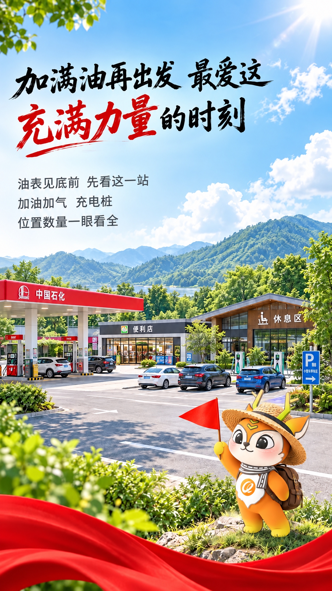将这张服务区海报中的白色卡通小人替换为橘色小鹿IP形象（参考橘… - 图片创意预览