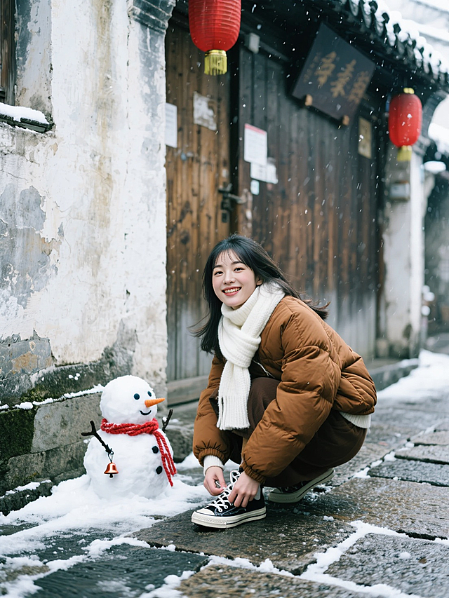 国潮风与复古感交织，雪中古巷映衬中式美学。拟人化雪人添趣味，胶片质感渲染温馨冬日氛围。