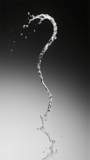 黑白摄影风格，纯黑色背景，中央有一道向上喷射的水柱，水柱造型变换为优雅的弧形，顶部略微散开，底部水花四溅，水滴晶莹剔透，具有强烈的光影对比，高光部分明亮，阴影部分深邃，整体画面简洁而富有动感，突出水的流动性和形态美，无任何文字或标识。预览效果