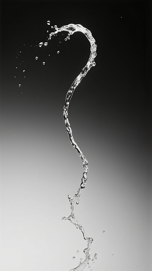 黑白摄影风格，纯黑色背景，中央有一道向上喷射的水柱，水柱造型变换为优雅的弧形，顶部略微散开，底部水花四溅，水滴晶莹剔透，具有强烈的光影对比，高光部分明亮，阴影部分深邃，整体画面简洁而富有动感，突出水的流动性和形态美，无任何文字或标识。