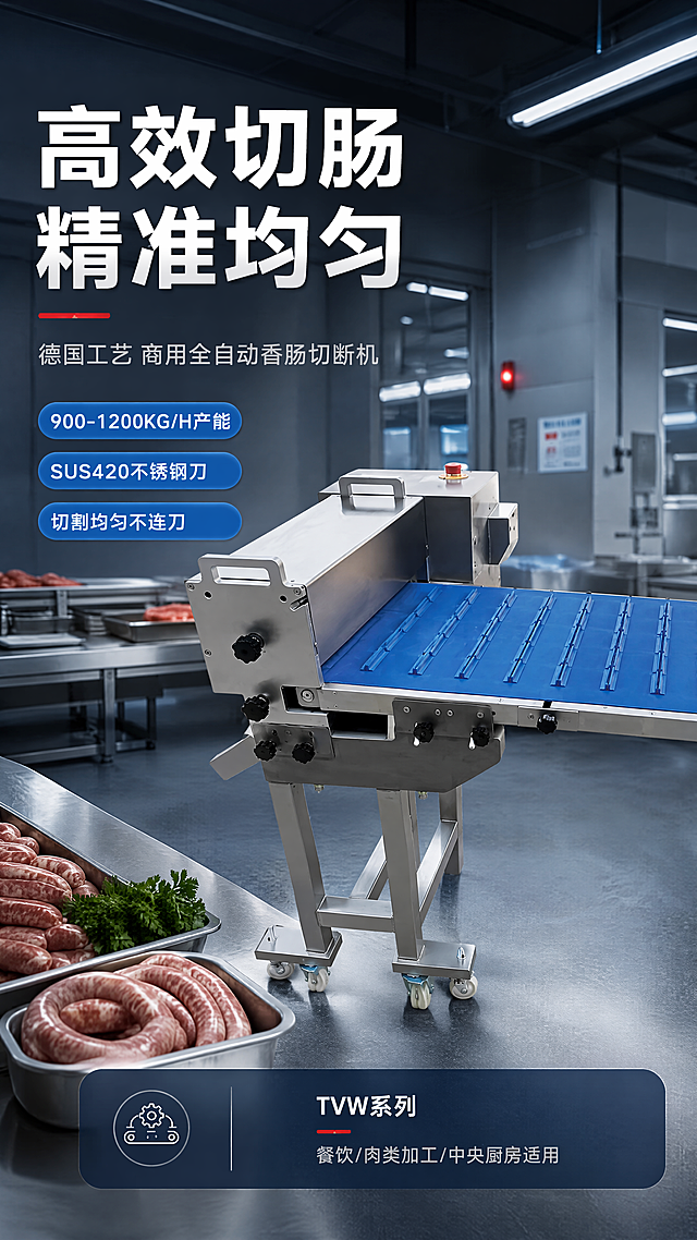 [第1屏] 详情页头图-香肠切断机主视觉海报。本屏使用【图1】作为商品主体，保持产品物理结构、不锈钢机身、蓝色输送带、黑色调节旋钮、带轮支架等外观与原图一致。
[氛围/风格] 工业科技风，商用厨房设备质感，专业严谨，商业摄影级画质。
[元素布局] 香肠切断机置于画面中右侧，占比约60%，45°斜侧视角展示全貌；左侧为文案区；背景为现代化中央厨房/肉制品加工车间场景，有不锈钢操作台、洁净墙面、工业照明等环境元素；前景可点缀少量新鲜香肠原料烘托品类。
[光影质感] 左上方主光源模拟工业天窗照明，右侧辅光勾勒机身轮廓，底部自然投影，不锈钢金属高光清晰，蓝色输送带质感真实。
[配色色系] 全局底色 #1A2332 深蓝灰；主色不锈钢银灰 #C0C5CC；辅助色工业蓝 #2E6FB5、警示红 #D9362A 点缀。
[视角构图] 微仰视45°斜侧视角，产品为视觉中心，阅读动线左上标题 → 中部产品 → 底部信息条。
[文字版式] 左上大标题压迫型版式。主标题「高效切肠 精准均匀」，白色粗黑体大字2行；副标题「德国工艺 商用全自动香肠切断机」，灰色小字；标题下方3个卖点胶囊：「900-1200KG/H产能」「SUS420不锈钢刀」「切割均匀不连刀」，蓝底白字圆角胶囊；底部信息条标注「TVW系列 · 餐饮/肉类加工/中央厨房适用」。文字不遮挡产品主体。
[比例分辨率] 9:16竖版比例，4K分辨率，文字清晰可辨，高清画质。
[负向提示词] 产品变形，缺件错件，结构错误，颜色偏差，水印，文字错乱，文字过小，产品图模糊，背景杂乱，人物面部不清。