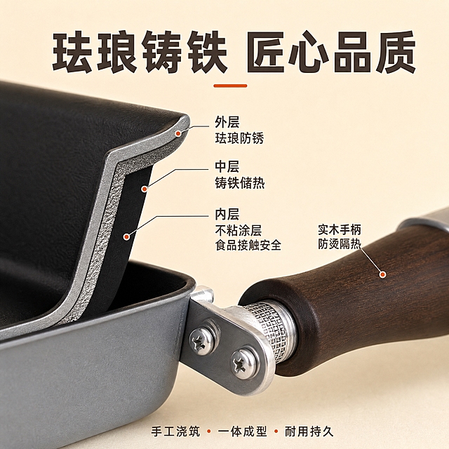 [主图-3] 材质细节图，主题为珐琅铸铁品质与不粘涂层安全性，突出产品用料扎实、做工精细、食品接触安全。
[统一基调] 日式温暖家居风，整体色调以米白、浅木色、暖灰为主，点缀深棕与哑光黑；字体为无衬线粗体中文，标题字色深棕近黑，辅助字色暖灰，强调色用哑光橙红；画面干净通透，自然光感，商业摄影质感。
[画面] 采用局部特写构图，画面左侧放大展示玉子烧锅的锅身边缘截面，清晰可见三层结构：外层灰色珐琅铸铁层、中间铸铁基材层、内层黑色不粘涂层，每层用细线标注名称；画面右侧展示实木手柄与锅身的金属连接部位特写，螺丝做工精细，木纹清晰自然；背景为浅米色渐变纯色底，干净不杂乱；产品局部占画面约70%。
[光影质感] 侧逆光突出材质层次，珐琅表面有细腻颗粒质感，铸铁层厚重感强，不粘涂层均匀哑光，实木纹理清晰可见，金属连接件有微弱反光。
[配色] 背景浅米色渐变，产品灰黑+深棕+金属银，标注文字深棕，分隔线浅灰，整体高级有质感。
[文字版式] 顶部主标题"珐琅铸铁 匠心品质"大号粗体深棕色字；锅身截面旁三个标注文字"外层 珐琅防锈""中层 铸铁储热""内层 不粘涂层 食品接触安全"；手柄旁标注"实木手柄 防烫隔热"；底部小字"手工浇筑 一体成型 耐用持久"。
[输出要求] 1:1正方形，2048*2048像素，材质细节清晰锐利，文字标注准确，无水印无平台logo。负向：材质模糊、结构分层不清晰、颜色失真、文字遮挡主体、水印、错字。