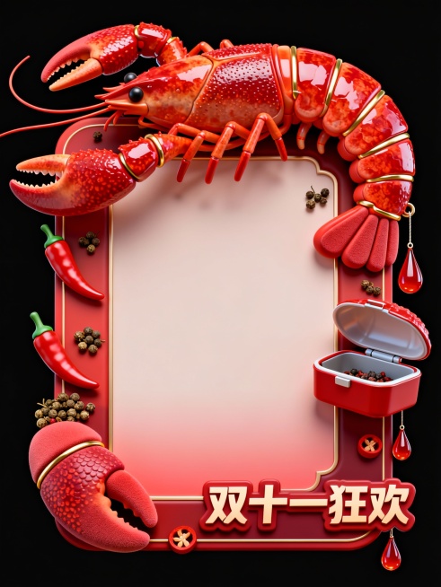 C4D材质红包卡片，美食主题，美味小龙虾款，简约创意风格，兼具实用感与自然感，3D立体感鲜明。边框以小龙虾侧身弯曲造型为创意，表面复刻红亮甲壳纹理与虾钳张开细节，点缀迷你辣椒段模型、花椒粒装饰、可开合预览效果