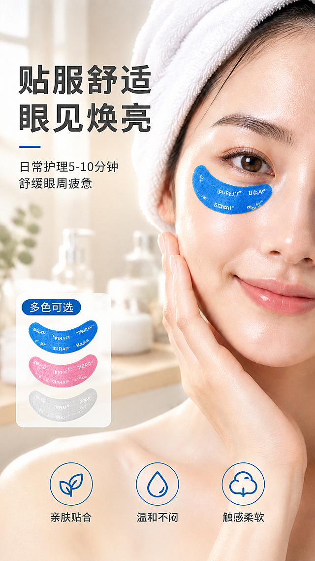 [商品] 使用【图1】蓝色硅胶眼贴；保留月牙形轮廓、蓝色硅胶材质、表面颗粒纹理不做任何改变；产品使用方向修正为：弯弧朝上（凹面朝上），与眼周轮廓贴合方向一致；贴在模特脸上时，背面BURAI® Logo面朝上可见，吸盘面朝下贴合皮肤。增加粉色、透明色同款眼贴小图展示多色可选。
[画面] 目标：真人效果展示页，突出贴服舒适眼见焕亮，背面Logo面朝上。构图：右侧亚洲女性模特半脸特写，头裹白色毛巾，眼下佩戴蓝色眼贴，弯弧朝上贴合眼周，背面可见BURAI®品牌标识文字，模特表情放松自然，占画面约60%；左侧留白放标题和卖点；左下角增加粉色、透明色眼贴小色卡展示多色；背景为浴室/梳妆台场景，虚化的瓶罐和毛巾营造居家护肤氛围；底部三个圆形图标。
[视觉] 套系策略：风格=清新水润美妆个护商业摄影；标题字=现代粗黑体；正文字=简洁无衬线体；主色=深海蓝；背景延展=暖调浅米色背景+柔和自然光；强调色=白色线框图标；标题色=深炭灰；正文色=中灰；组件=圆形线框图标、细线引线；光影=右侧自然光，模特面部柔和受光，眼贴背面Logo清晰可见。
[文字] 左上主标题"贴服舒适 眼见焕亮"，副标题两行"日常护理5-10分钟""舒缓眼周疲惫"；左下角标注"多色可选"配小色卡；底部三个圆形线框图标分别标注"亲肤贴合""温和不闷""触感柔软"；文字均为横向排版，不遮挡模特面部和产品。
[规格] 图片比例9:16竖版，4K，负向提示：避免变形、错字、文字过小、产品颜色改变、Logo模糊、模特表情僵硬、医疗功效表述、极限词。