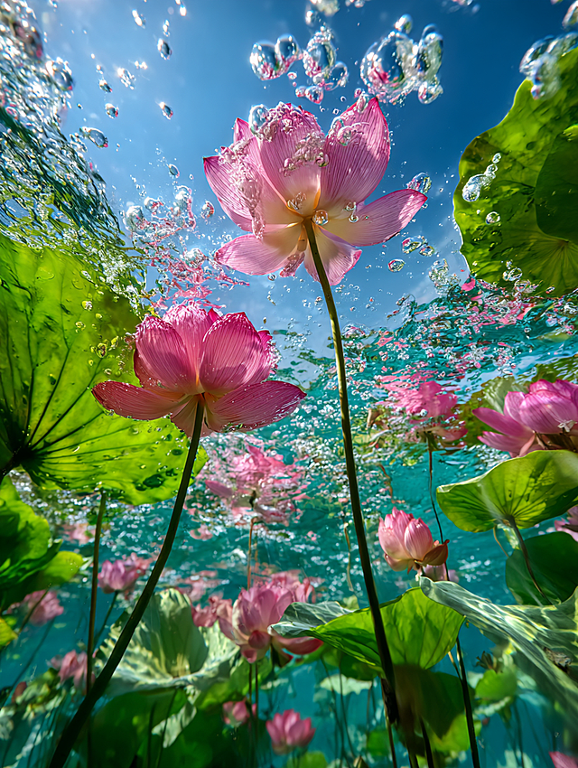 Underwater upward view of pink lotus flowers and lush green lotus leaves, submerged in clear turquoise water, bright blue sky visible through the rippling water surface, glistening transparent water bubbles floating around, light refraction creating shimmering effects on petals and leaves, vibrant pink and fresh green tones, photorealistic, hyper-detailed, sharp focus, cinematic natural lighting, vivid color saturation --ar 9:16 --s 250 --v 6.0