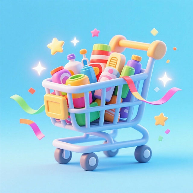 软3D风格购物车满载缤纷日用品，梦幻色彩搭配星光与彩带，营造清新可爱氛围，节日感十足。