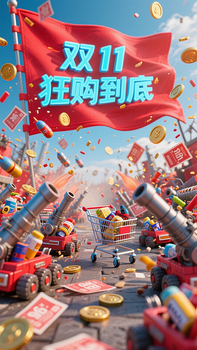 3D卡通风格微缩艺术场景，红色旗帜飘扬“双11狂购到底”，购物车与炮台喷射金币与优惠券，塑料质感玩具元素营造喜庆促销氛围。