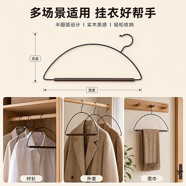 [主图-5] 规格与使用场景展示图，展示衣架尺寸比例与多场景适配。
[统一基调] 温暖家居自然光，原木色+暖白调背景，极简生活方式感；标题字色深胡桃木色，辅助字色暖灰色，强调色哑光黑；字体为现代无衬线黑体，粗标题+细正文；组件用细线引线、圆角浅底信息卡。
[画面] 上下分栏构图，上半部分展示衣架正视图，用细线标注整体宽度和高度尺寸（示意性标注，不写具体虚构数值），背景浅米色；下半部分用3个小宫格展示不同使用场景：衣柜挂衬衫、衣帽间挂外套、玄关挂围巾，每个小场景简洁明了；产品主体清晰，结构完整。
[光影质感] 上半部分柔和均匀棚拍光，产品轮廓清晰；下半部分各场景为真实自然光，整体光影统一协调。
[配色] 主色暖白+浅木色，产品深胡桃木色+哑光黑，标题深胡桃木色，正文暖灰色。
[文字版式] 顶部主标题「多场景适用 挂衣好帮手」，尺寸标注线旁标注「宽度」「高度」字样，下方三宫格各配1个短标签（衬衫/外套/围巾）。
[输出要求] 800x800 1:1比例，文字清晰可读，产品清晰不变形；负向：变形、错字、模糊、杂乱、水印、平台Logo、尺寸错乱。