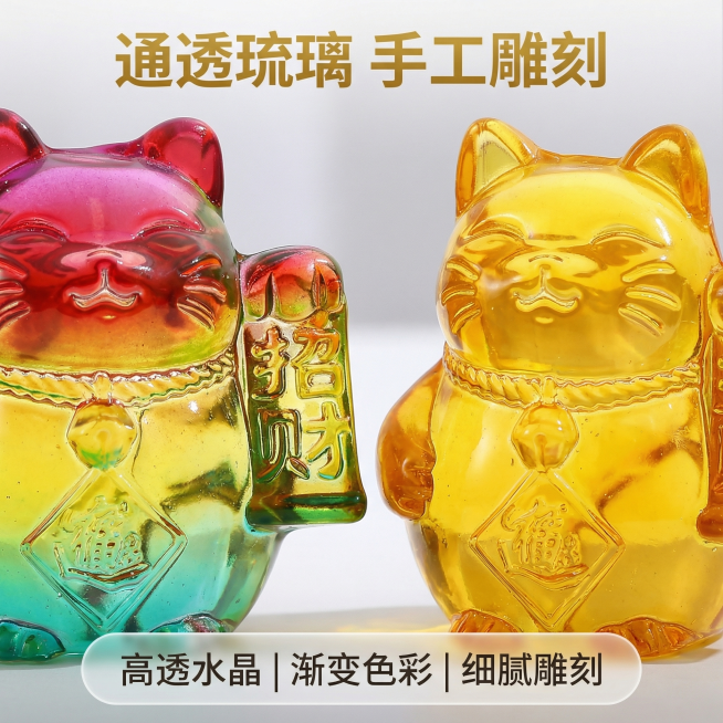 [主图 2] 水晶招财猫材质细节展示主图。[氛围/风格] 高级质感特写，清晰通透，光影细腻。[画面元素] 保留原产品造型，特写放大两只招财猫的渐变琉璃材质，展示通透质感和雕刻细节（招财文字、菱形福字）预览效果