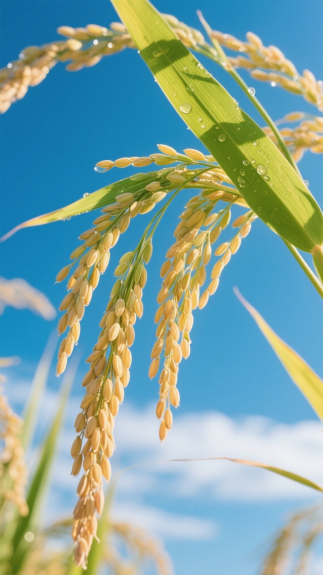 低角度仰拍超写实摄影，成熟水稻特写，清晨暖金阳光中，饱满稻穗垂坠，鲜绿至鹅黄渐变稻叶轻摇，细密绒毛微颤，背景纯蓝天空飘着薄云，高清晰展现稻穗纹理与叶边露珠反光，干净风格呈现丰收生机。