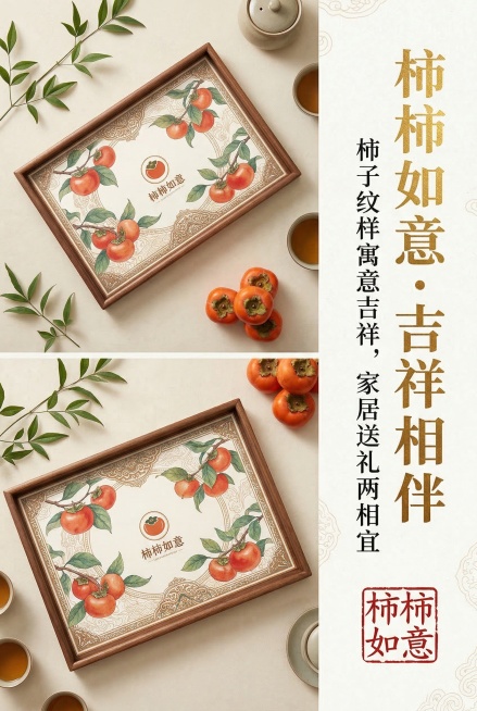 新中式非遗风格，严格还原上传的产品图，包括包装设计、颜色、LOGO位置、文字内容、图案元素等所有细节，产品尺寸保持1:1；画面左侧为托盘整体侧视图，搭配橙红色柿子插画，水彩风格，右侧为文字排版区；主标预览效果