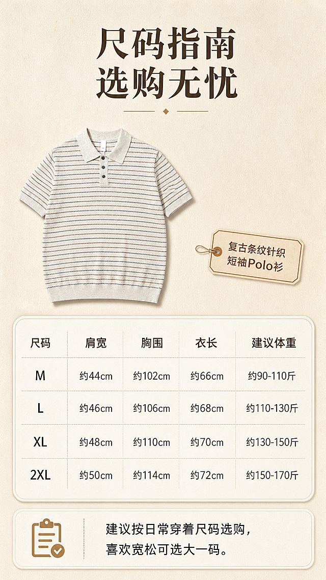 [商品] 使用【图1】男士复古条纹针织短袖Polo衫；商品处理：保留Polo翻领、三粒扣门襟、米杏色底+棕/灰/蓝撞色细条纹、针织短袖、罗纹下摆、整体版型和颜色；自然去除衣身杂乱褶皱，理顺垂坠，增强针织纹理、缝线和纽扣质感，不改变版型结构。
[画面] 目标：尺码信息与选购指南页。构图：左上方为Polo衫正面平铺小图，右侧及下方为尺码表格和选码建议。主体平铺图占画面30%，尺码表占画面50%。背景为米杏色纸张质感，表格用浅底卡片承托，有细线分隔。阅读动线上到下、左到右。
[视觉] 套系策略：风格=轻复古杂志画报风商业摄影；标题字=复古衬线粗体；正文字=简洁无衬线体；主色=米杏色；背景延展=基于米杏色做深浅层级、同色渐变和细腻纸张/织物质感；强调色=焦糖棕，仅用于小面积图标、引线和标签；标题色=深炭棕；正文色=中暖灰；组件=圆角浅底信息卡、细线引线、复古标签；光影=左前侧暖柔光，柔和阴影。
[文字] 顶部主标题「尺码指南 选购无忧」。尺码表列：尺码 / 肩宽 / 胸围 / 衣长 / 建议体重，行：M / L / XL / 2XL（数值用约数表达）。下方选码建议：「建议按日常穿着尺码选购，喜欢宽松可选大一码」。文字全部横排，字号适中手机端可读。
[规格] 图片比例9:16竖版，2K，避免变形、错字、文字过小、冷蓝背景、衣服颜色改变、版型失真、极限词。