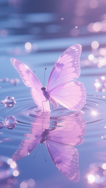 一只透明质感的蝴蝶停留在水面上，翅膀呈现出梦幻的粉紫色渐变，水面倒映着蝴蝶的身影，周围点缀着晶莹的水珠和光斑，整体画面充满了浪漫唯美的氛围，光影效果柔和，色调以粉紫色为主，带有一丝清冷的蓝色调，营造出一种神秘而优雅的感觉。预览效果