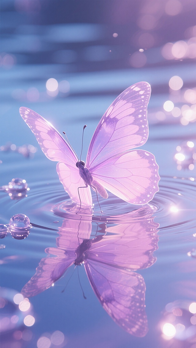 一只透明质感的蝴蝶停留在水面上，翅膀呈现出梦幻的粉紫色渐变，水面倒映着蝴蝶的身影，周围点缀着晶莹的水珠和光斑，整体画面充满了浪漫唯美的氛围，光影效果柔和，色调以粉紫色为主，带有一丝清冷的蓝色调，营造出一种神秘而优雅的感觉。