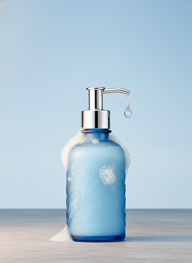 产品瓶身表面附着几团白色泡沫，其中一滴从泵头上方滴落。瓶子放置在灰色水泥台面上，背景为渐变浅蓝色天空。极简风格，高清写实，摄影级质感，光泽反射强烈，柔和光影，现代高端洗护产品广告风格，细节丰富。