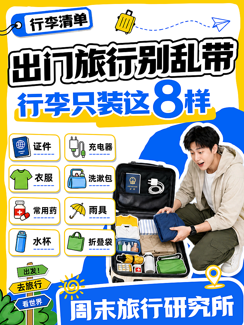 蓝黄撞色简约旅游出行行李攻略分享小红书封面