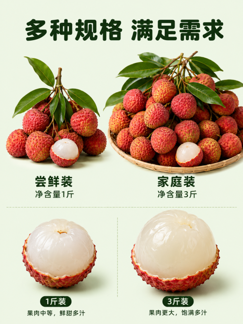 [第5屏] 规格重量展示-不同净含量规格选择。
[氛围/风格] 清晰直观，延续整体风格，商业设计质感。
[元素布局] 画面分上下两区，上区展示1斤装和3斤装两种不同重量的荔枝，整串带叶摆放，下区展示剥预览效果