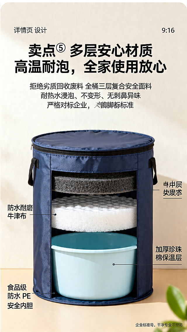 电商详情页，9:16尺寸，风格色调和之前统一，顶部大标题"卖点⑤ 多层安心材质 高温耐泡，全家使用放心"，正文文案"拒绝劣质回收废料 全桶三层复合安全面料 耐热水浸泡、不变形、无刺鼻异味 严格对标企业安全生产标准 日常家用、老人小孩泡脚都安心"，下半屏是全屏桶身材质剖面拆解图，从上至下分层标注：外层"防水耐磨牛津布"，中层"加厚珍珠棉保温层"，内层"食品级防水 PE 安全内胆"，图片右下角标注企业标准编号，整体干净专业解剖展示风格