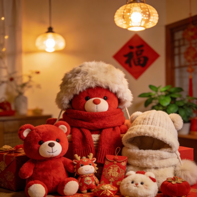 一堆毛茸茸的年货，有红色的毛绒玩具、毛茸茸的围巾帽子、毛绒材质的新年装饰品，背景是温馨的室内场景，充满节日氛围，光线柔和温暖预览效果