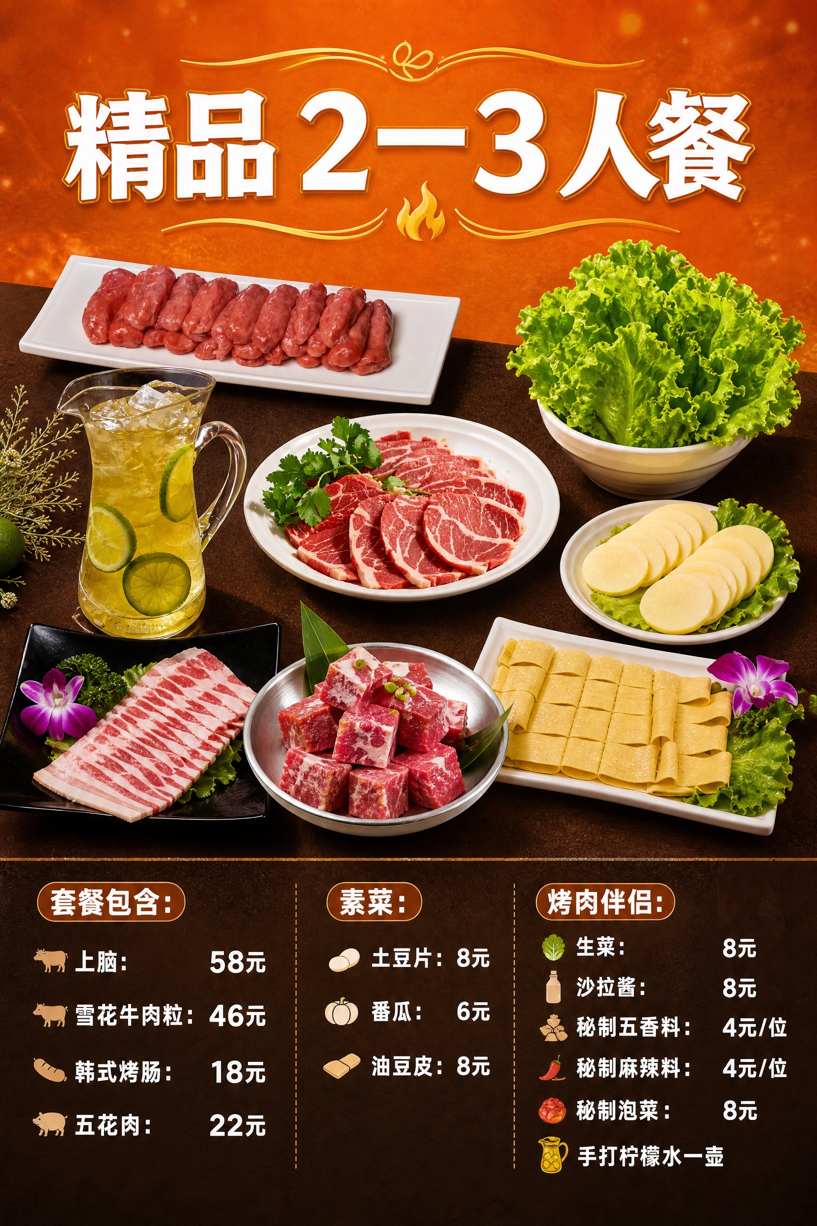 烤肉店套餐宣传海报，参考图排版样式——竖版2:3比例，暖橙色背… - 图片创意预览