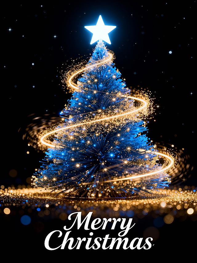 梦幻光影交织的3D圣诞树，鎏金粒子环绕，科技感与奢华感并存，虚拟现实中的唯美元素点亮节日氛围。