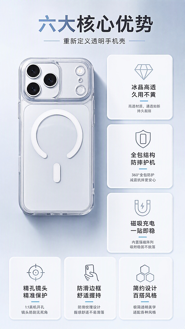[第3张] 详情页核心卖点总览-晶透精孔磁吸壳六大卖点展示。本张使用【图1】作为产品主体参考。
[氛围/风格] 简约高级科技风，卡片式布局，清晰有条理，商业设计质感。
[元素布局] 画面顶部为标题区；中部左侧展示手机壳背面全貌，占比约40%，右侧为3个卖点卡片纵向排列，底部再横向排列3个卖点卡片，共6大卖点；每个卖点卡片配简约线性图标和短文案；手机壳物理结构、磁吸环、镜头精孔与输入产品图一致；背景为浅灰蓝色渐变，卡片有微妙阴影和圆角。
[光影质感] 均匀柔和的顶光，产品有自然投影，卡片有轻微悬浮感，整体明亮通透。
[配色色系] 全局底色 #F0F4F8 浅灰蓝；主色白色卡片；辅助色深灰文字、银灰图标；点缀色淡蓝色高亮。
[视角构图] 正面平视，产品在左，卖点在右及底部，阅读动线顶部标题 → 左侧产品 → 右侧卖点 → 底部卖点。
[文字版式] 顶部主标题「六大核心优势」，副标题「重新定义透明手机壳」；六个卖点分别为：「冰晶高透 久用不黄」「全包结构 防摔护机」「磁吸充电 一贴即稳」「精孔镜头 精准保护」「防滑边框 舒适握持」「简约设计 百搭风格」；每个卖点配简约线性图标，卡片式布局，文字清晰可读；文字不遮挡产品主体。
[比例分辨率] 9:16 竖版比例，4K 分辨率，文字清晰可辨，高清画质。
[负向提示词] 变形，水印，文字错乱，文字过小，缺件错件，结构错误，颜色偏差，产品图模糊，背景杂乱，PS痕迹明显。