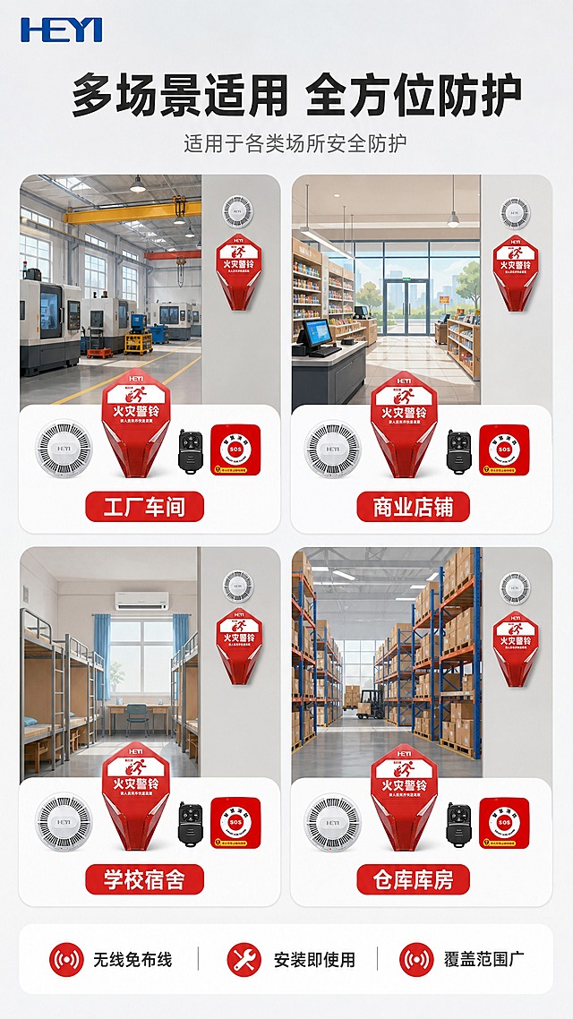 [商品] 使用【图2】智慧消防火灾警铃套装；保留所有产品外观、结构、颜色、材质、LOGO完全不变。
[画面] 第4张适用场景展示，目标展示4类场所应用场景。竖版9:16构图，顶部标题区，中部2×2四宫格场景图，每格一个应用场景示意图+产品小图标，底部场景总结；场景图为简洁扁平化示意风格，产品小图保持真实质感。
[视觉] 套系策略：风格=报警行业专业商业摄影+场景示意；标题字=无衬线粗体大字；正文字=简洁无衬线体；主色=白+浅灰；背景延展=浅灰白渐变背景；强调色=警示红，用于场景标签和重点文字；标题色=深炭灰；正文色=中灰；组件=四宫格场景卡片、场景标签、产品小图标；光影=场景图柔和自然光感。左上角HEYI蓝色LOGO。
[文字] 左上角HEYI蓝色LOGO；顶部大标题「多场景适用 全方位防护」，副标题「适用于各类场所安全防护」；四宫格分别为：工厂车间、商业店铺、学校宿舍、仓库库房；每格下方标注对应场景名称；底部3行说明：无线免布线 安装即使用 覆盖范围广。所有文字横排。
[规格] 图片比例9:16竖版，2K，避免变形、错字、文字过小、深色单一背景、过于彩色、水印、平台Logo、绝对化用语。
