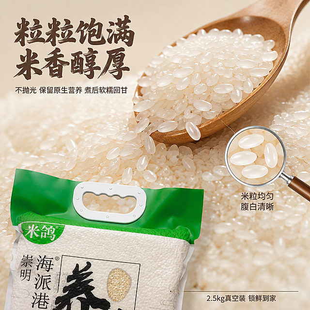 [主图-3] 大米微距细节图 颗粒饱满质感展示。
[氛围风格] 微距特写 精致质感 自然真实 专业品质感。
[画质] 商业微距摄影质感 超高清晰度 米粒纹理分明 画面干净高级。
[元素] 画面下半部分是米鸽崇明养生大米2.5kg包装袋顶部局部 包装袋外观与输入产品图保持绝对一致 杜绝任何变形和色差 精细化处理。画面上半部分和中心是大量散落的生米粒微距特写 米粒饱满圆润 晶莹剔透 表面有自然光泽 可以看到米粒细微纹理。中间有一个木制小勺子 勺里盛满米粒 有几粒米正从勺边滚落 形成动态瞬间。背景是浅米色哑光质感 简洁干净。画面满屏无边框。
[光影] 柔和顶光+侧光 米粒表面形成清晰高光带 每粒米都有立体感 阴影柔和 整体通透干净 突出米粒的饱满质感。
[配色] 主色米白+浅米色背景 辅色原木浅棕 强调色米粒高光暖白。整体色调统一柔和。
[视角构图] 俯视微倾角度 米粒铺满画面中心 包装袋在底部做产品关联 景深较浅 焦点在中心米粒群 边缘米粒轻微虚化。
[文字版式] 左上负空间左对齐留安全边距 主标题粗笔刷书法字写"粒粒饱满 米香醇厚" 深棕色最大号粗体。主标题下方辅助文案细黑体写"不抛光 保留原生营养 煮后软糯回甘" 字号约为主标题的40%。右侧中部用放大镜效果圈出几粒米 放大镜旁标注"米粒均匀 腹白清晰" 细黑体深棕色。底部有一条极细的深棕色分隔线 线下小字写"2.5kg真空装 锁鲜到家" 小号细体。
[输出要求] 1:1比例 文字清晰锐利 超高清微距摄影质感。
[负向提示词] 变形 文字错乱 产品图模糊 背景杂乱 水印 电商平台Logo 二维码 多余的手 畸形手。