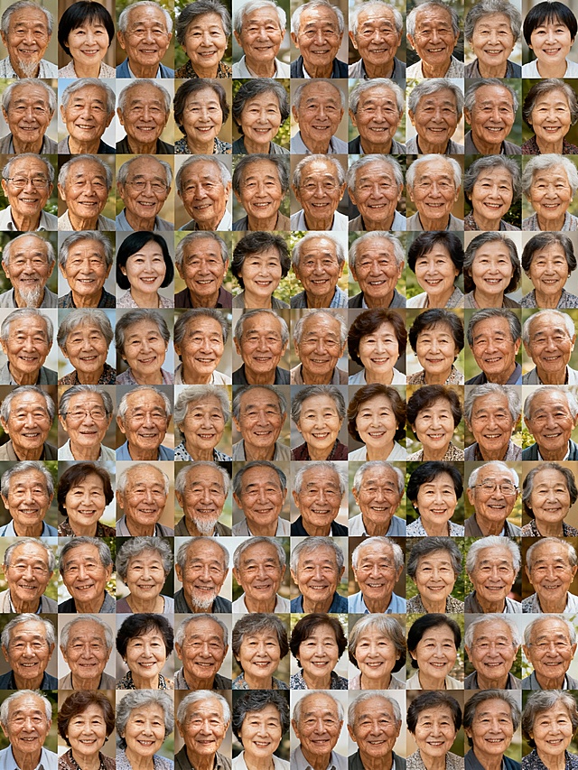生成四张图，把200张亚洲老人照片，拼在一起，有男有女，微笑