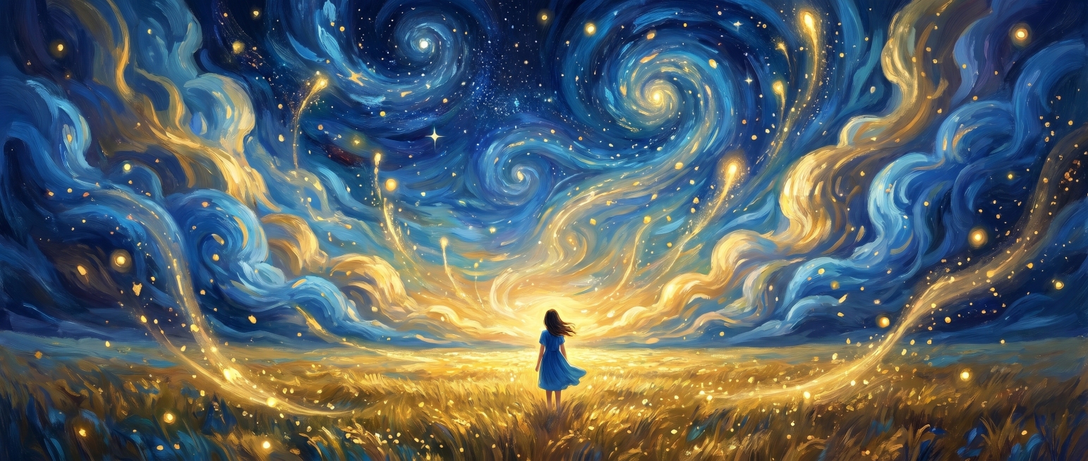 参考第一张图的梦幻星空风格，生成类似的横幅图片，不要添加任何文字内容，保留蓝金配色、云层卷曲纹理、女孩站在旷野看向星空的构图，整体浪漫梦幻，油画质感预览效果