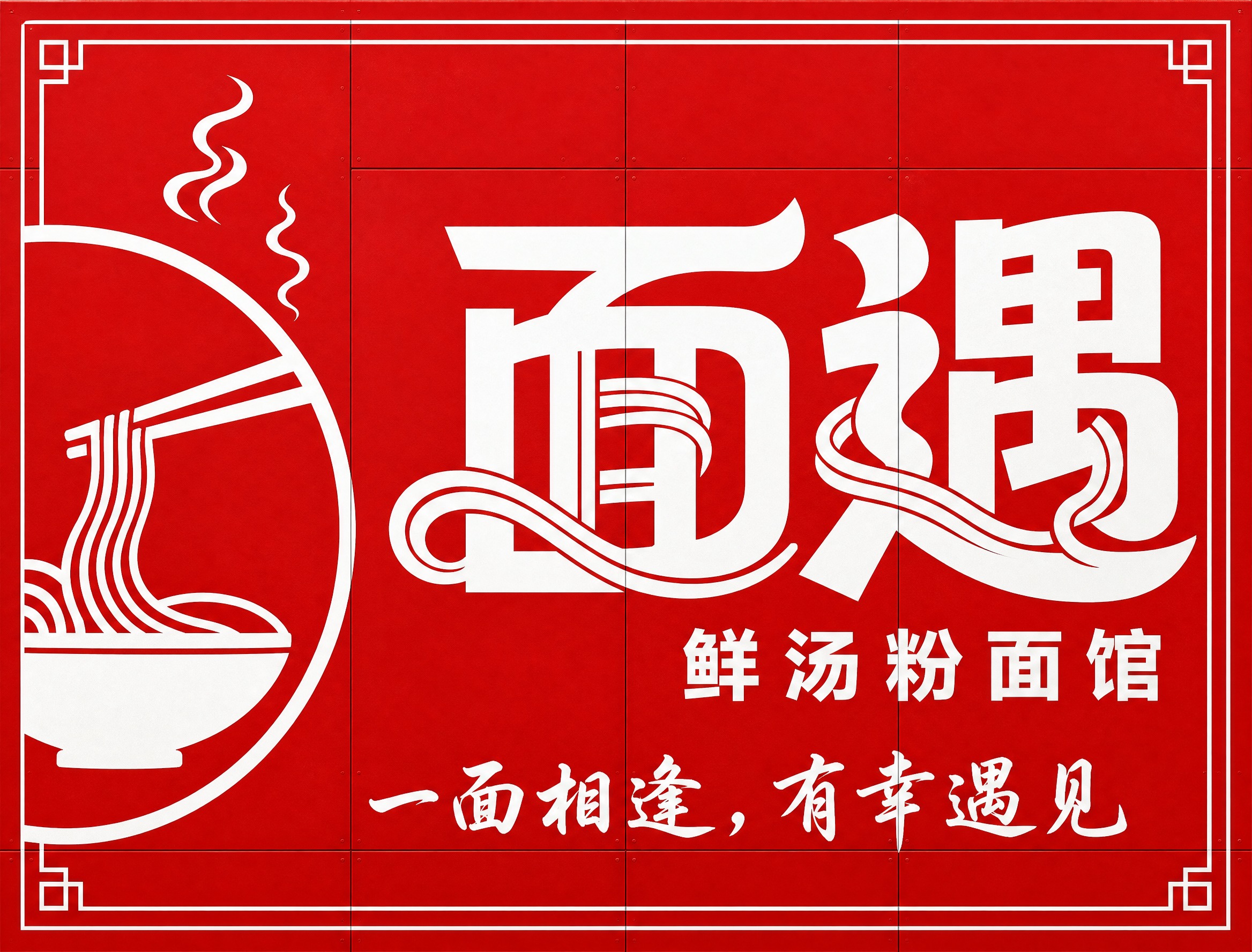 面遇鲜汤粉面馆红色铝塑板招牌平面图，横向宽幅，比例422:32… - 图片创意预览