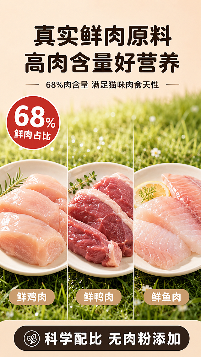 「图片1」，生成一套详情页，商品名称为猫粮，适配淘宝/天猫平台，单图比例为9:16，需求屏数为4张。