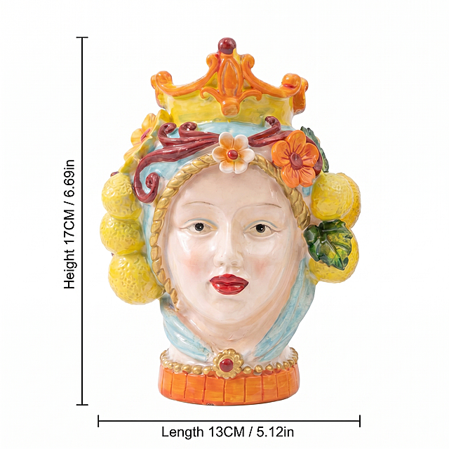 Isolate the female Moor vase from the image, remove the male vase, keep pure white background. Add dimension lines in English, mark: Height 17CM / 6.69in, Length 13CM / 5.12in. Keep the female product appearance, color, material completely consistent with original image, 1:1 square, commercial product photography, clean and clear, 2K resolution, all text in English.