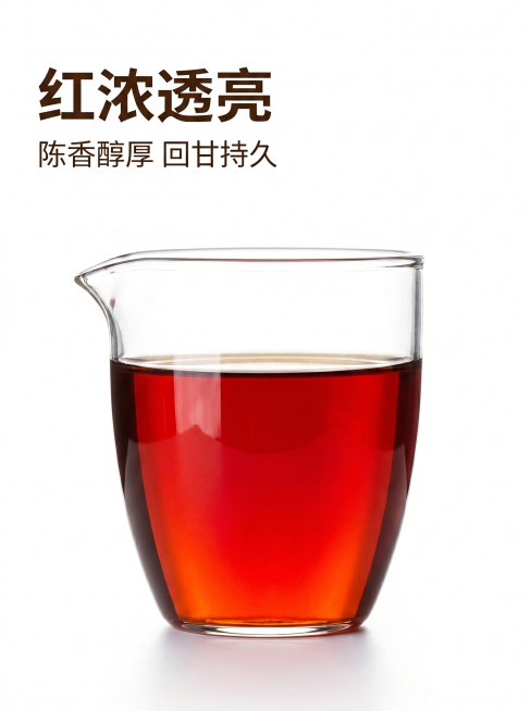 [竖版详情页4] 六堡茶茶汤红浓透亮展示。[氛围风格]简约干净，白色基调，时尚轻奢。[画质]商业摄影质感，高清通透，色泽真实。[元素]玻璃公道杯盛放红浓的六堡茶汤，保持原茶汤红浓透亮色泽与参考图一致，预览效果