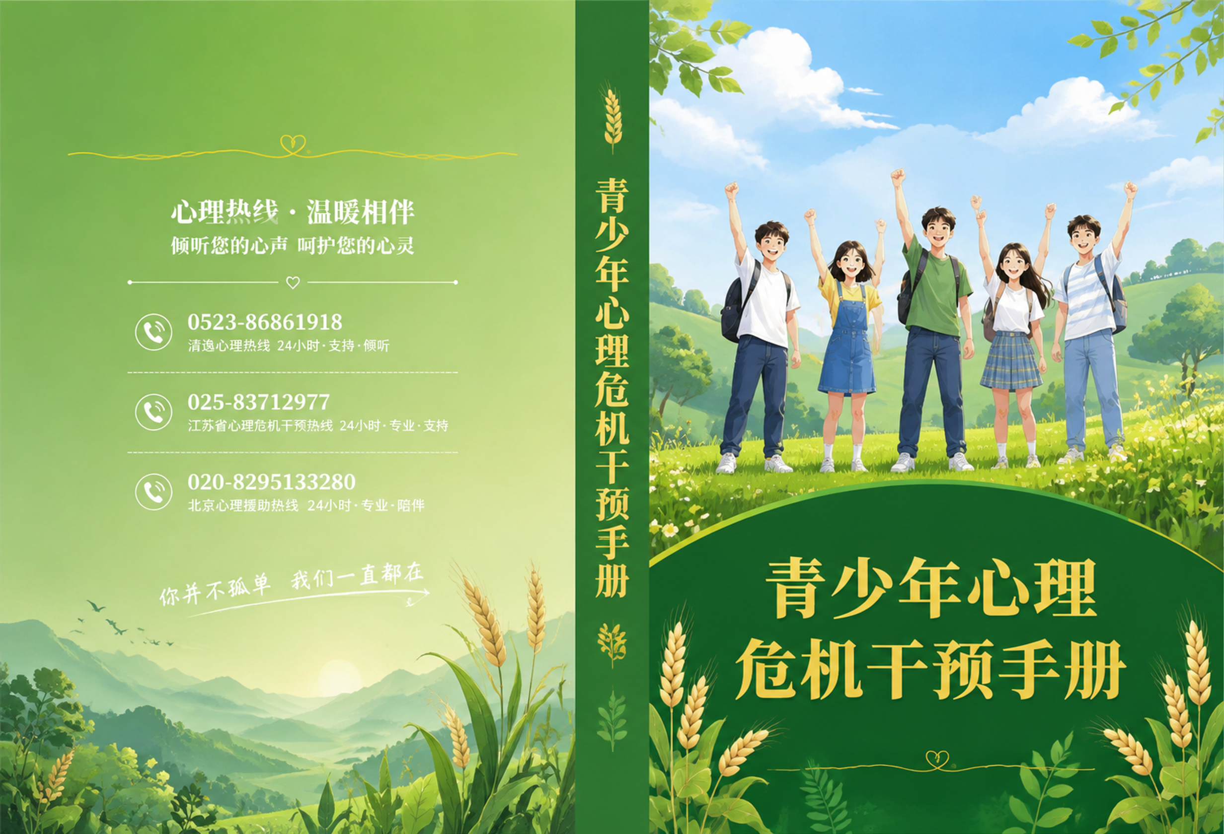 书籍完整包封展开图（封底+书脊+封面），横向长图，绿色清新插画… - 图片创意预览