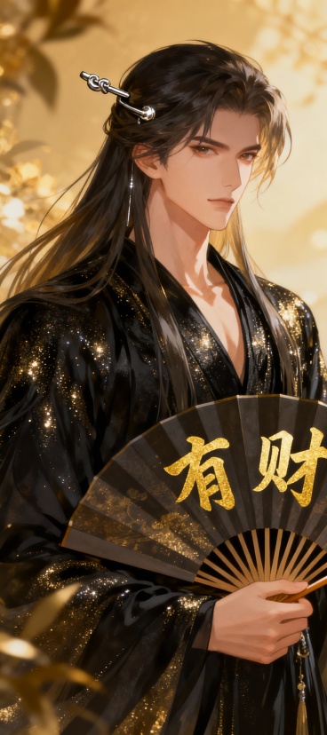 在温馨柔和的氛围下，逆水寒风格二次元花美男插图。画面聚焦于主体——拥有一头俊酷飘逸的长发，头发上有个金属光闪闪的发簪。男孩身着黑色流沙飘逸的长袍，手里拿着古风扇子，扇子上写有有财鎏金大字。古风预览效果