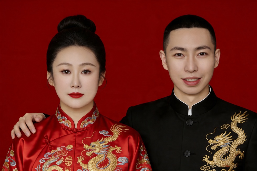 生成中式喜嫁婚纱照双人合影写真，保留参考图中双人的脸型、发型、年龄特征，整体喜庆氛围感，正红色纯色背景，暖调光影，细腻质感，传统中式美学风格。女生：清透奶油肌，高盘复古发髻，精致大红唇，红色缎面改良中预览效果