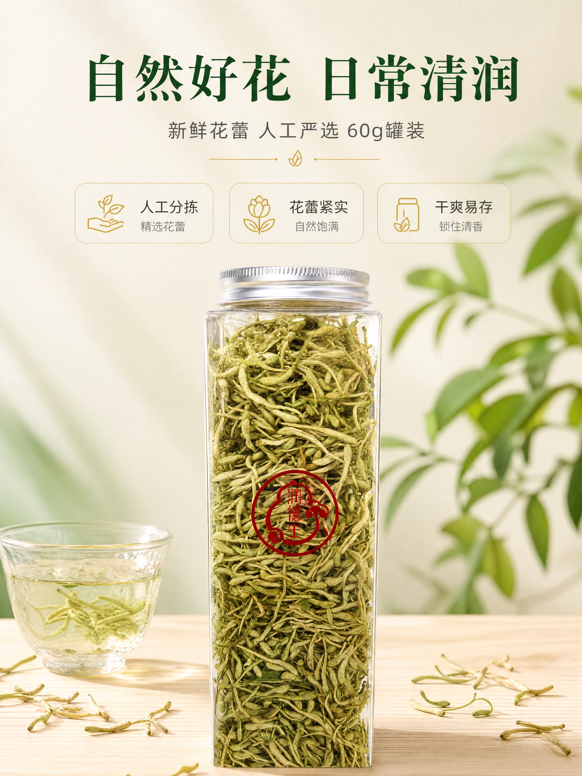 [商品] 使用【图1】润德生金银花透明方罐产品；保留透明方罐形… - 图片创意预览