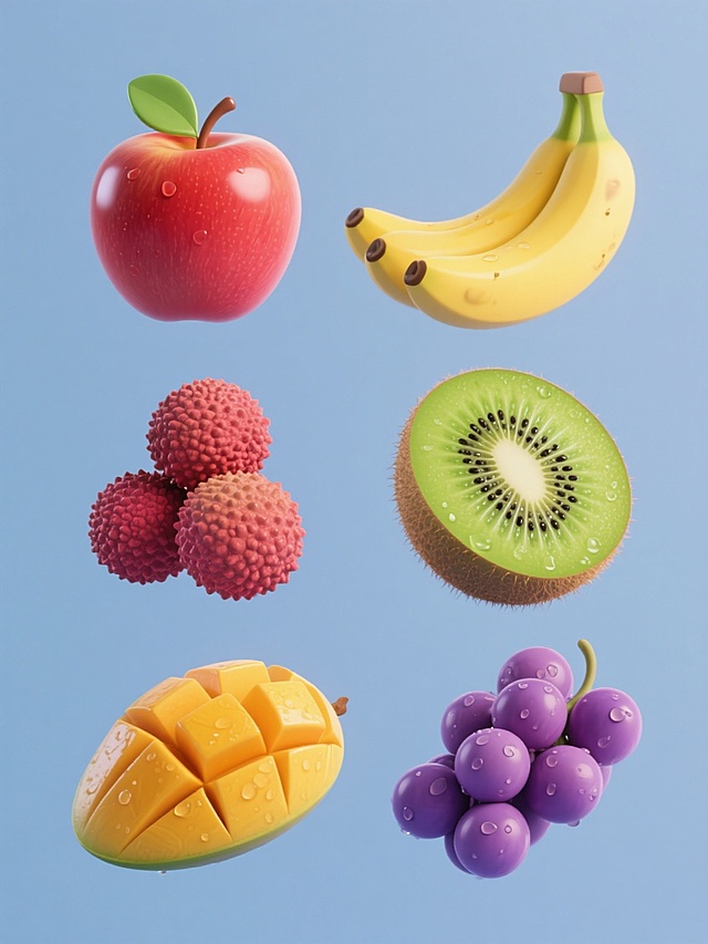一张软3D风格的水果系列素材集合海报，纯色背景，画面整体色彩变换，保持猕猴桃元素类目的软3D质感、光滑果皮、对半切开的剖面形态、翠绿果肉、黑色籽粒排列、表面水珠光泽等特征，规整排布着六个完全不同元素内容的水果：一个完整带叶的红苹果、一串黄色香蕉、一个对半切开的猕猴桃、几颗带壳荔枝、一个切开的芒果和一串紫色葡萄，所有水果均采用相同的软3D风格，色彩鲜亮，表面有光泽感，整体构图平衡对称。