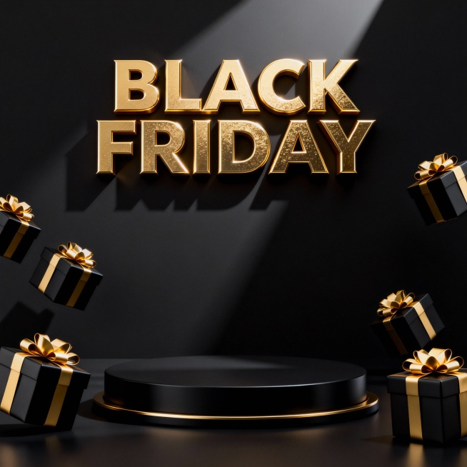 黑色星期五黑五3D渲染风格的黑色星期五主题海报，以纯黑为背景，中央悬浮着金色立体大写字母组成的“BLACK FRIDAY”文字，字体边缘锐利，表面有细腻的金属光泽与反光效果，光影从斜上方照射形成明显的明暗对比和投影。画面四周及中央下方黑色圆形展台周围，分布着多个黑色礼盒，礼盒表面装饰有金色缎带蝴蝶结，部分礼盒呈现倾斜、悬浮的动态感，整体保持黑金色调的奢华对比与强烈视觉冲击力，营造出节日促销的高端热闹氛围。预览效果