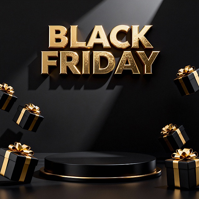 3D渲染风格的黑色星期五主题海报，以纯黑为背景，中央悬浮着金色立体大写字母组成的“BLACK FRIDAY”文字，字体边缘锐利，表面有细腻的金属光泽与反光效果，光影从斜上方照射形成明显的明暗对比和投影。画面四周及中央下方黑色圆形展台周围，分布着多个黑色礼盒，礼盒表面装饰有金色缎带蝴蝶结，部分礼盒呈现倾斜、悬浮的动态感，整体保持黑金色调的奢华对比与强烈视觉冲击力，营造出节日促销的高端热闹氛围。