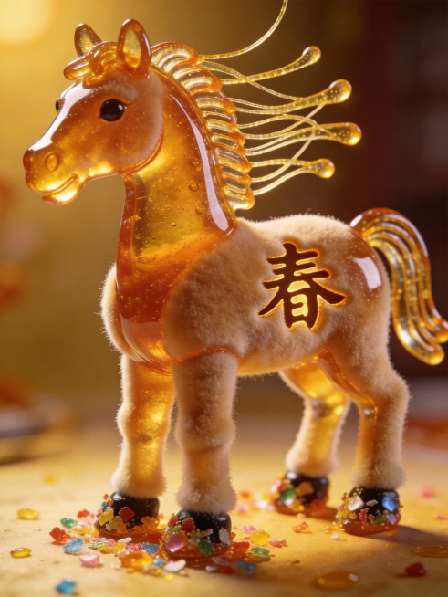 2.5D 微距，成都锦里糖画小马，1:2 头身，琥珀麦芽糖外壳裹雾面绒，四蹄踩碎彩色糖霜，背后负形「春」字，糖丝拉成柳条，2100 K 暖光，--ar 3:4 --stylize 880预览效果