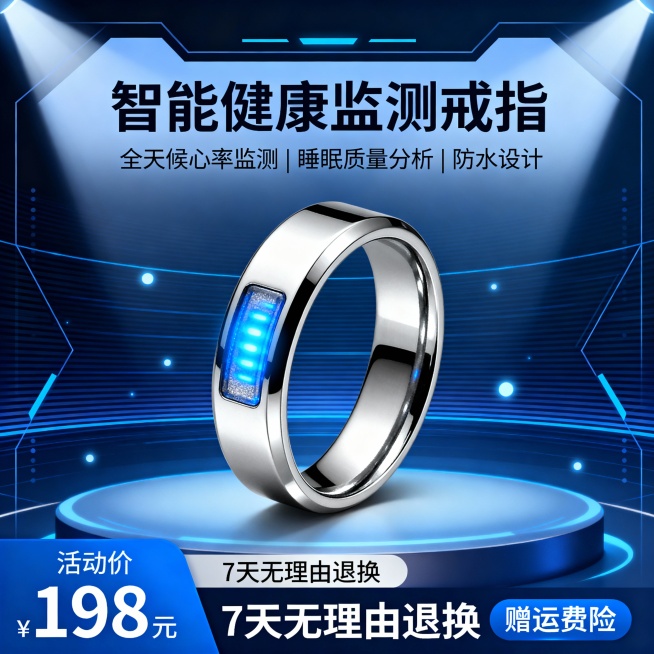 生成三张不同场景的智能戒指电商主图，价格“198元”，比例1:1，要有科技感预览效果